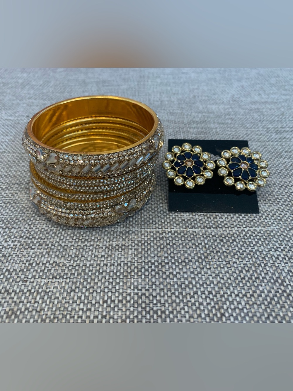 Gold and Navy Kundan Bangles with Matching Floral Earrings